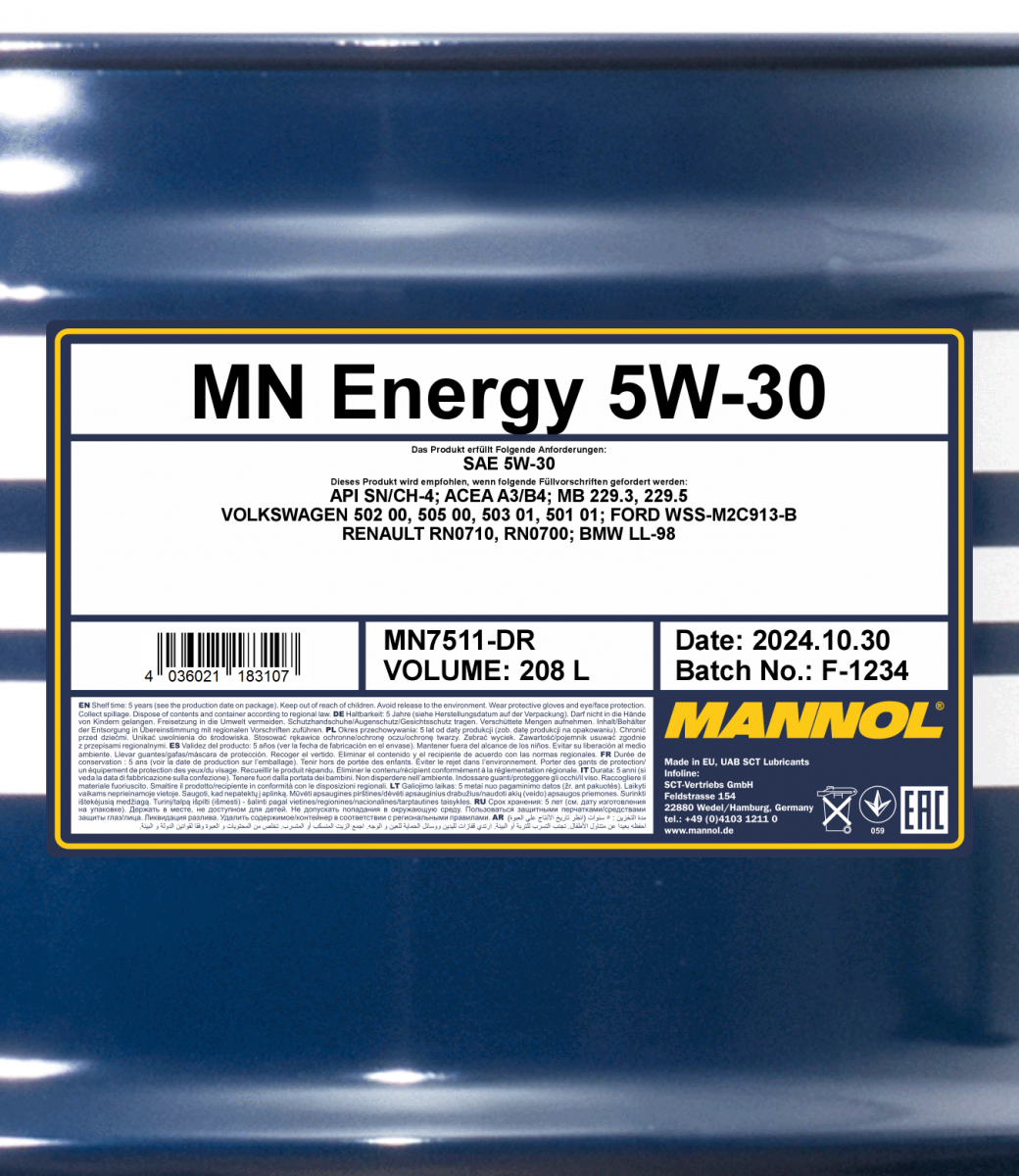 MANNOL 7511 Energy Fully Synthetic 5W-30 Engine Oil IMPORTED FROM GERMANY 4L